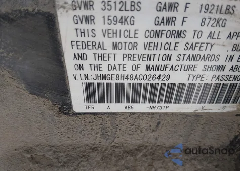 2010 Honda Fit Sport from USA, damaged, VIN JHMGE8H48AC026429